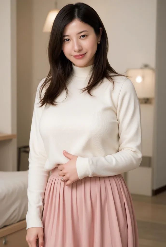 white high neck knit sweater 、 pink pleated skirt、(((((  girls on the left:2.86))))),( masterpiece, top quality made of straw:1.9),8k, RAW photo ,nsfw, detailed skin,詳細な毛穴,baby face,(((Youngface):1.7)),((  young body):1.6), reality, hotel room 、(  lean for...