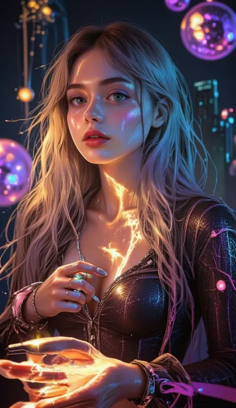 darkness,  neon lights, long shot:1.4,  Full body ,  Anatomically correct ,  hyper realistic :1.5,  A beautiful cyberpunk girl ,  detailed face with large and expressive eyes ,  long eyelashes are not attractive,  small nose,  full lips,  blue hair with ne...