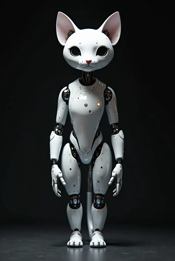 white robot cat, standing, black background