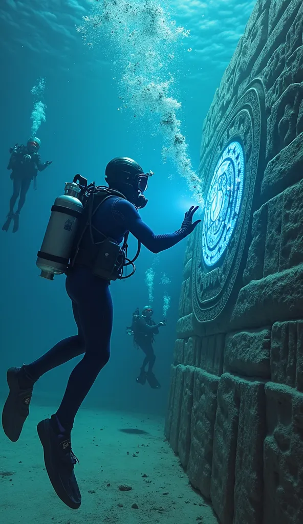 The same deep-sea diver, wearing the same black and blue modern wetsuit, oxygen tank, and full-face diving mask, is now floating closer to the pyramid. His gloved hand is pressed against the glowing blue hieroglyphs. The symbols suddenly shine brighter, ca...