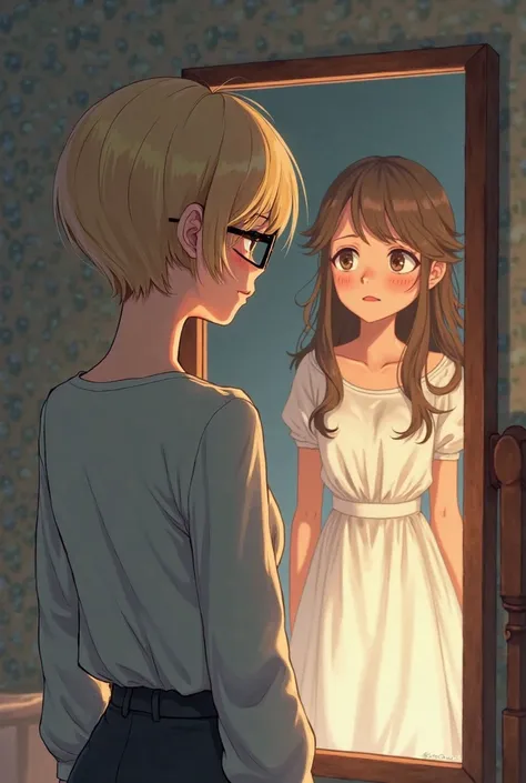 Woman with short blonde hair in a pixie style wearing glasses, dressed simply but tender, Turn your back to a mirror, Inside the mirror there is a small  girl with long wavy brown hair, dressed in white ,  style in anime style