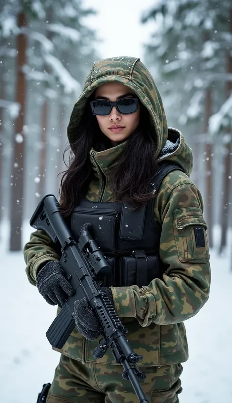 A stunning 20-year-old Kuwaiti mercenary stands confidently in a snow-covered European pine forest, exuding an air of mystery and power. Her face is a perfect balance of elegance and resilience, with high cheekbones, full lips, and a flawless complexion. H...