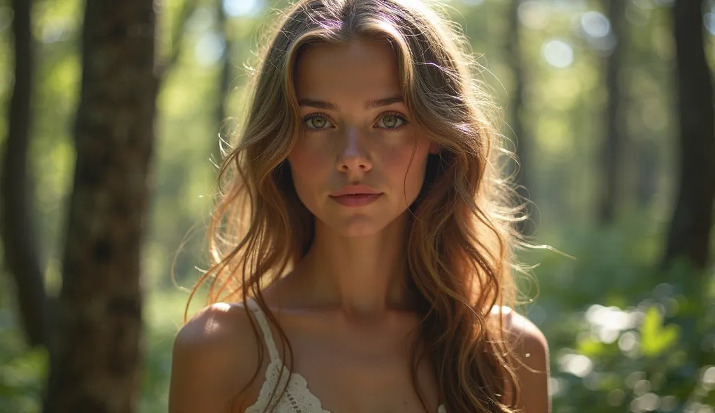 A girl with a beautiful face, standing in a serene forest, her expression calm yet captivating. The sunlight filters through the canopy, casting dappled light on her features. Her eyes, perhaps reflecting the tranquility of nature, seem to tell a story. Th...