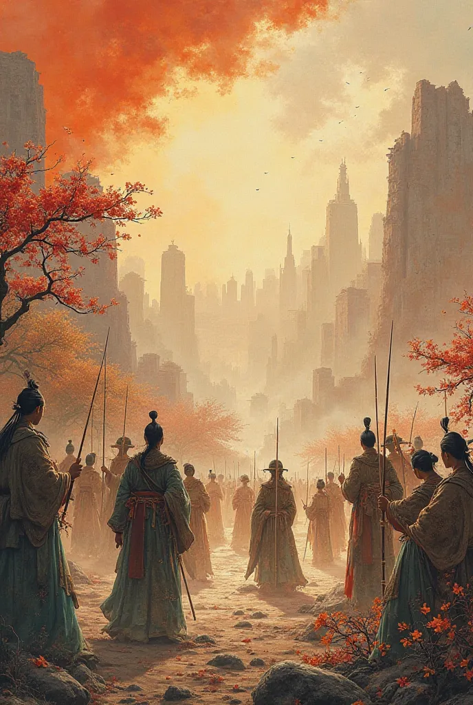 Ancient paintings about wars in ancient times that led to the fall of Chang'an City and were defeated, and the strong herbs in the city were taller than people, and Du Fu was a man who felt sad watching this scene