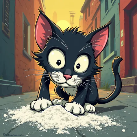 epic cartoon style, a cat sniffing a cocaine