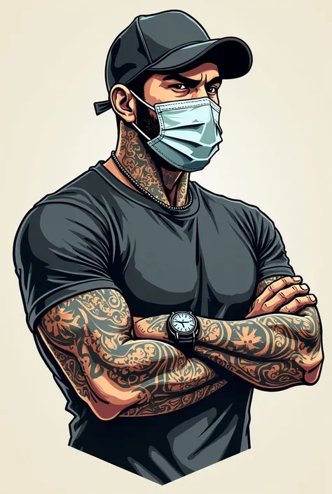 I want to create a logo , tattooed man wearing a cap , in a T-shirt , in a mask 