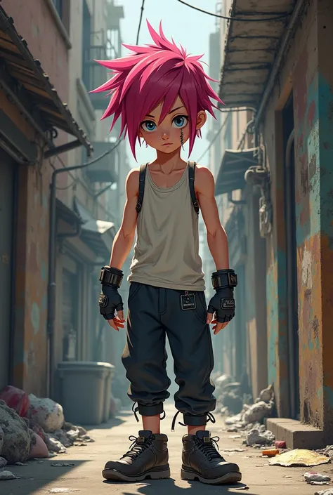 Make me a young boy with dark pink hair almost red, With locks that go down the Buchecha, He wears a tank top and finger glove, long pants and closed shoes, He has an anarchist style, He's in a city in an alley.