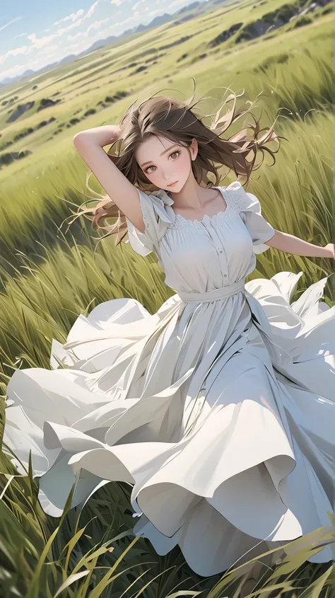 ((Masterpiece, highest quality, highest image quality, high resolution, photorealistic, raw photo, extremely detailed CG integrated 8k wallpaper)) Beautiful illustration, a beautiful woman in a grassland blown by the wind: A scene of a vast grassland with ...