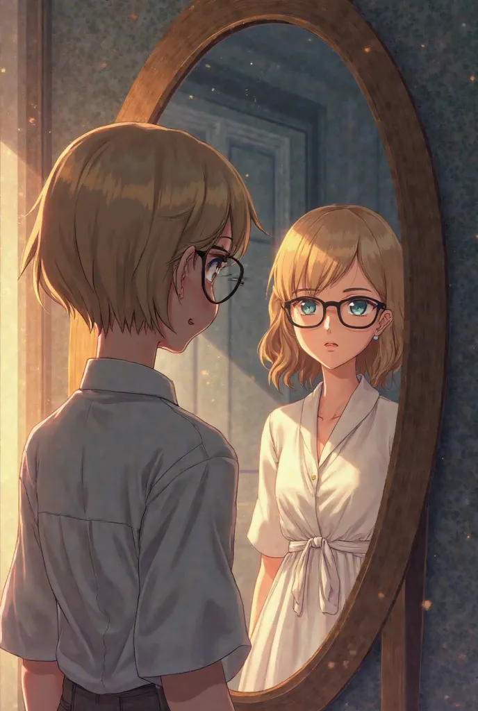 Woman with short blonde hair in a pixie style wearing glasses, dressed simply but tender, Turn your back to a mirror, Inside the mirror there is a small  girl with long wavy brown hair, dressed in white ,  style in anime style