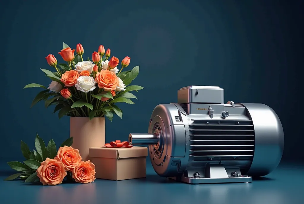 generate a postcard on March 8 with a modern large-sized electric motor from WNM, standing at 3/4, a bouquet of flowers and a gift box,  photorealistic style, basic colors dark blue, white and orange