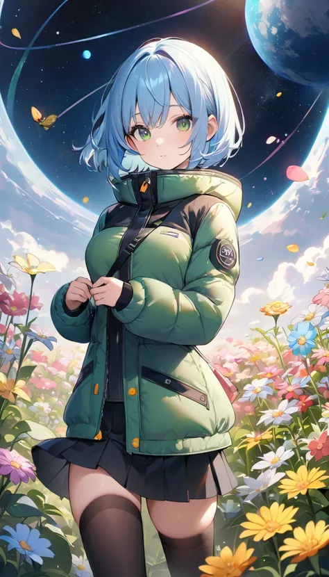 TOP QUALITY、light blue hair、short bob、Deep green eyes、SMALLE BREASTS,Age 25, down jacket 、tight skirt、black stockings、 Bbo~、Picking flowers in the flower garden、 orbital space、