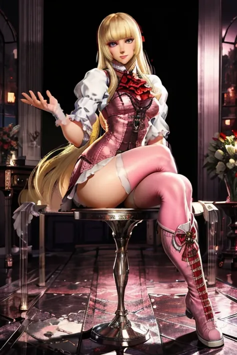 masterpiece, best quality, pink thighhighs, blonde hair, crossed legs, boots, thick thighs,  