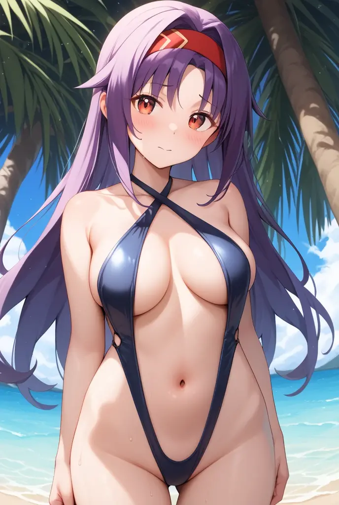 hiroikikuri, kikuri hiroi, black bow, blunt bangs, braid, fang, hair bow, hair over shoulder, long hair, purple hair, sidelocks, single braid, purple eyes, (small breast:1.2),BREAK fully naked,BREAK looking at viewer,BREAK outdoors, beach,BREAK (masterpiec...