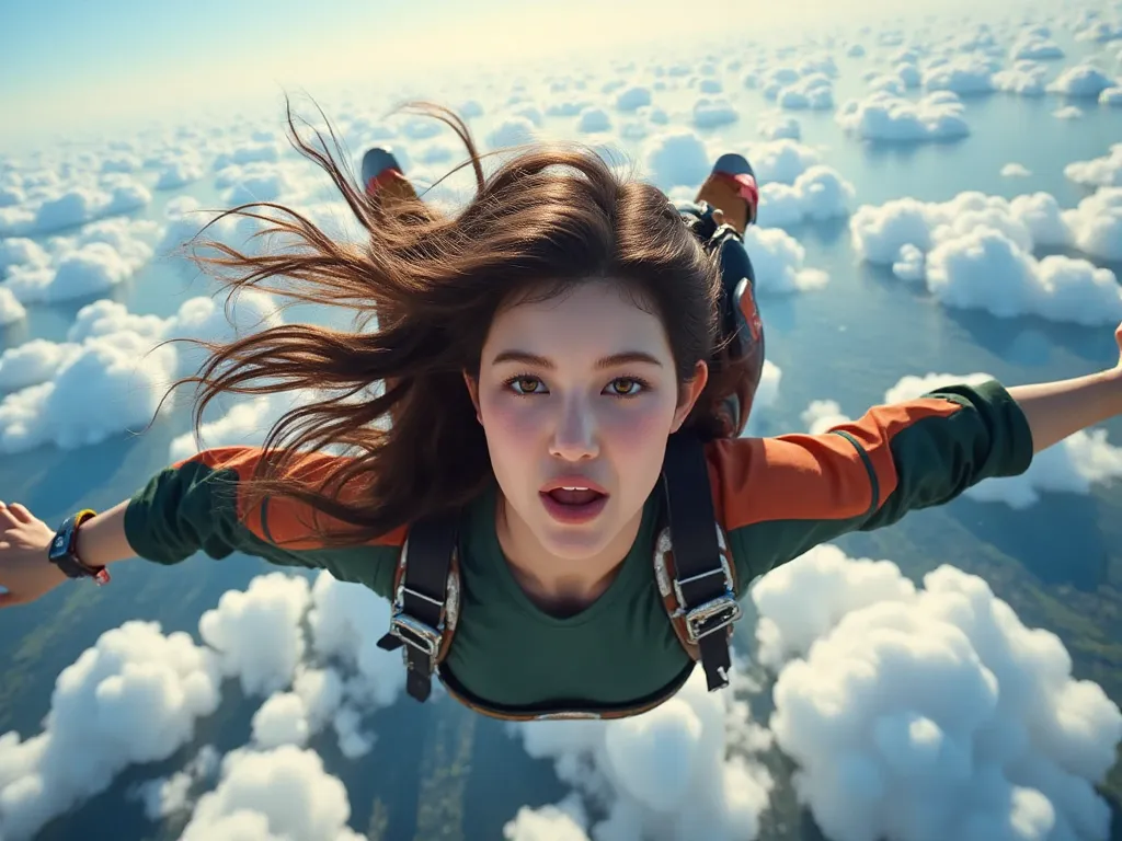 8k,photo realistic,Skydiving girl,Vertical drop from head、she was higher than the clouds,beautiful cloud,close up face