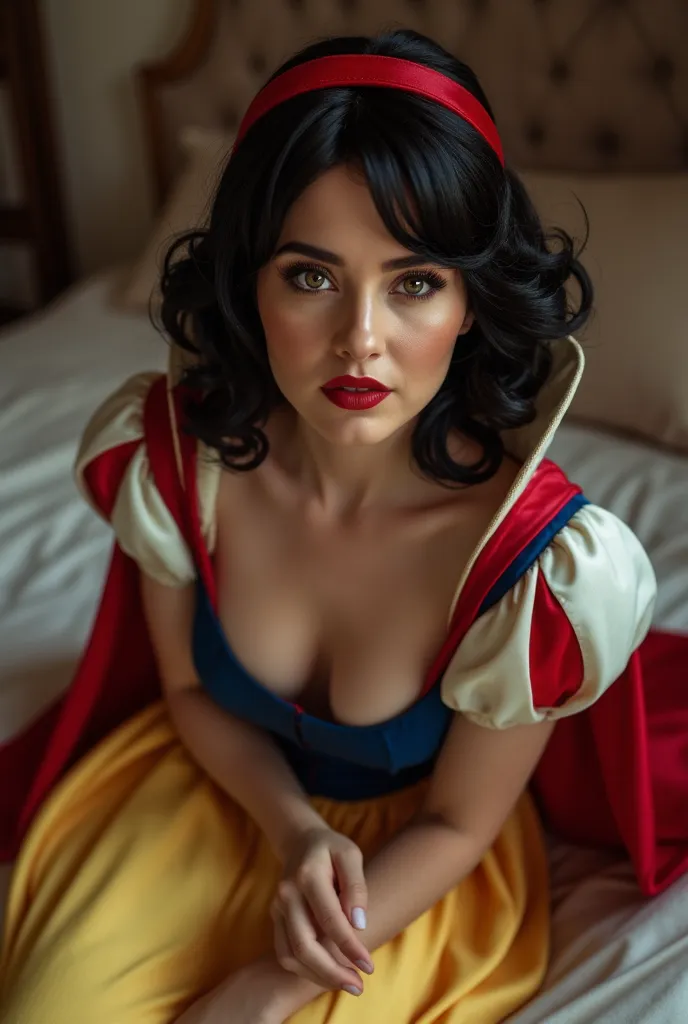 masterpiece, best quality, cinematic photo of Beautiful Israeli woman, snow white cosplay, silk blue corset, yellow pleated silk skater skirt, red and white slashed puffed shoulder sleeves, black bob hair, red headband, red cape, silk, satin, photorealisti...