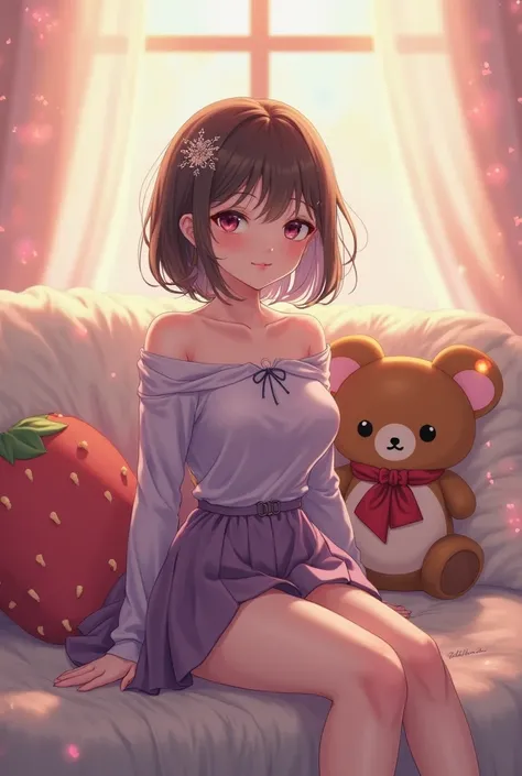 A beautiful anime-style girl with a slender, model-like figure, wearing an off-shoulder top and a mini skirt in purple tones. She has a stylish shoulder-length bob with a delicate hair accessory. Her expression is slightly shy but affectionate, as if she w...