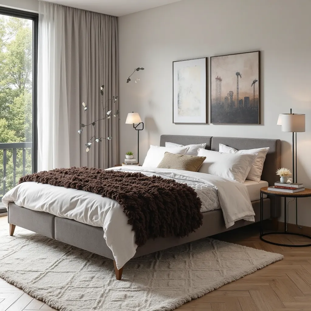 The image shows a modern and cozy bedroom with a double bed centered on the scene. The bed has a gray upholstery on the headboard, several white cushions and pillows, in addition to a dark brown fuzzy blanket with a geometric texture in relief. The upper p...