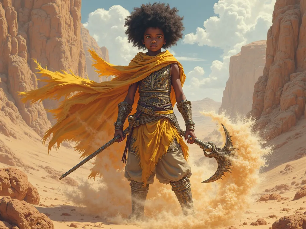 Young Afro warrior can levitate sand realistic medieval anime style 