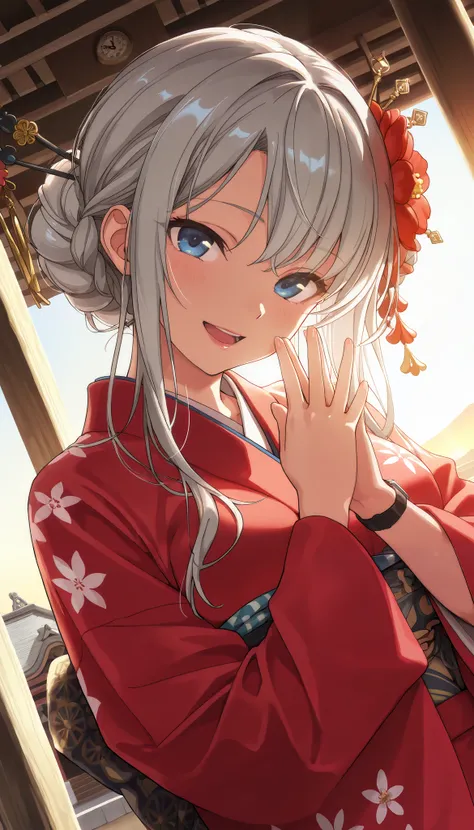 masterpiece, TOP QUALITY, Alone,1 girl, cute, Alone, Gray Hair, long hair, braided bun, red flower hair stick, blue eye, Watch Viewers, 片eye閉じ, big smile, open your mouth, medium breasts, traditional red kimono , Dutch angle, upper body, Twisted Po...