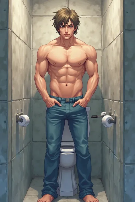 Anime guy peeing in toilet, standing, wearing jeans, big penis, front view, nsfw