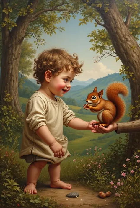 A painting in the style of classical painting . Five-year-old with squirrel