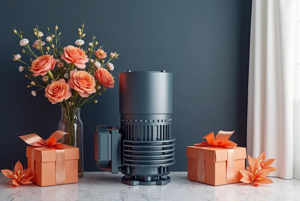 generate a postcard on March 8 with a modern large-sized electric motor from WNM, standing at 3/4, a bouquet of flowers and a gift box,  photorealistic style, basic colors orange,  navy blue , white