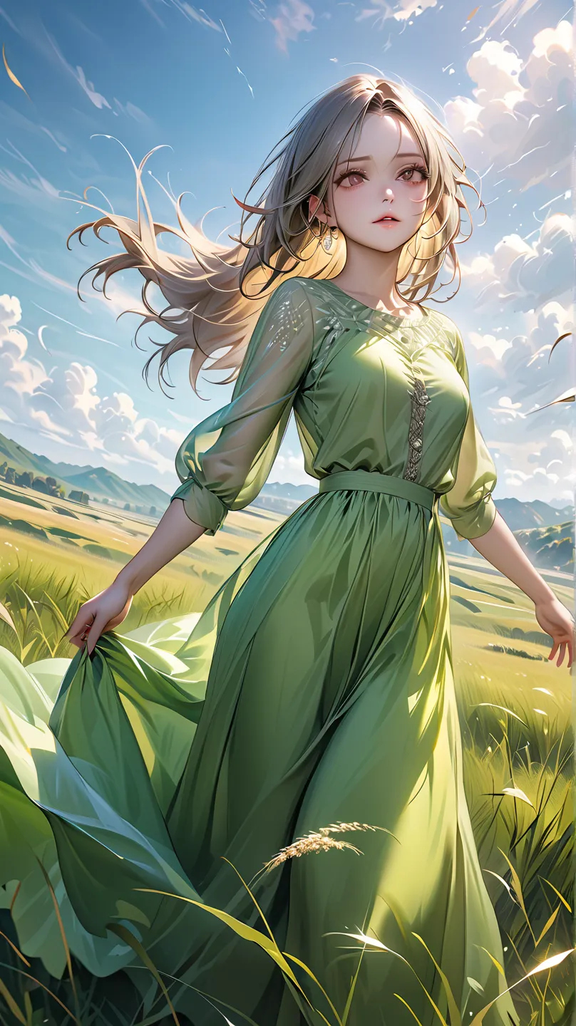 ((Masterpiece, highest quality, highest image quality, high resolution, photorealistic, raw photo, extremely detailed CG integrated 8k wallpaper)) Beautiful illustration, a beautiful woman in a grassland blown by the wind: A scene of a vast grassland with ...