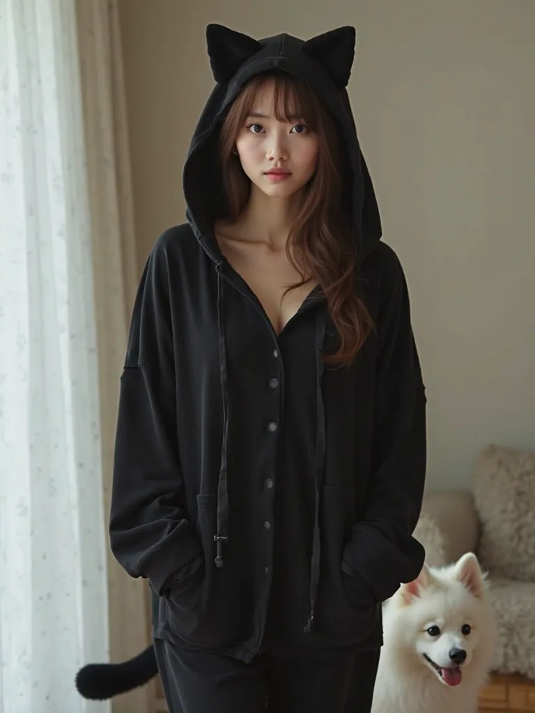 black cat motif pajama costume, (black hooded pajama with cat ears), oversized black hoodie pajama with soft fleece texture, long sleeves, wide cuffs, (put on hood, hood covers head), black cat ears attached to hood, small black tail attached to back of pa...