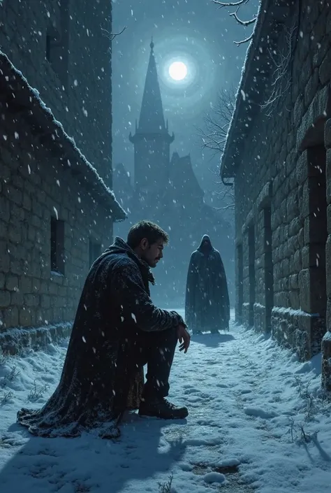 man kneeling and scared in a medieval courtyard during a dark moonlit night, Covered in snow, he watches a hooded man in the distance,  hidden in the shadows 