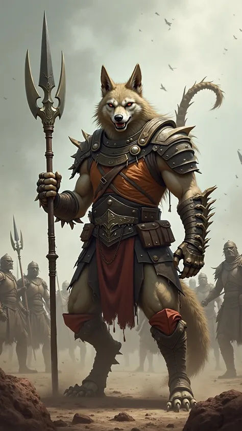 Scorpion-Wolf Warlord – A battlefield leader with the speed of a wolf and the venomous tail of a scorpion, directing troops with a bone-carved spear in hand.

