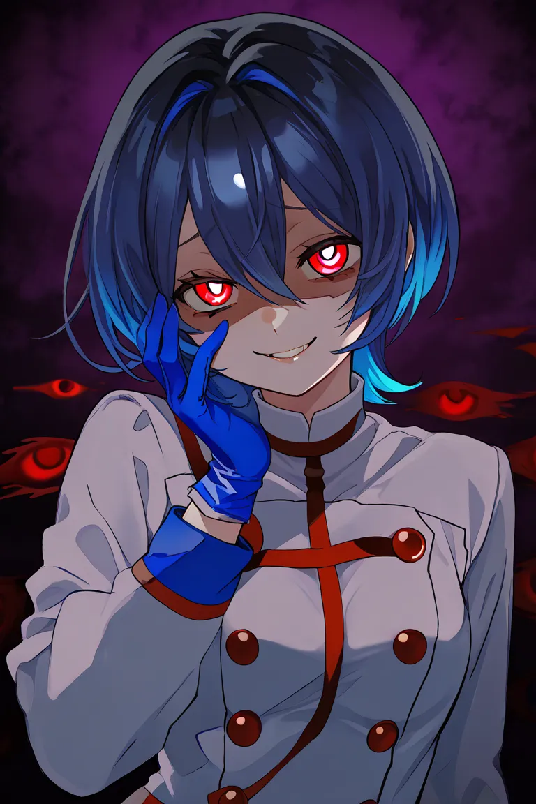  Medium-breasted girl,  blue hair, multicolored hair, detailed eyes, Yandere expression , Yandere,  evil smile, uniforme Round 6, blue glove, red-eyed uniform, bright eyes,  short hair, Slap Black Eye