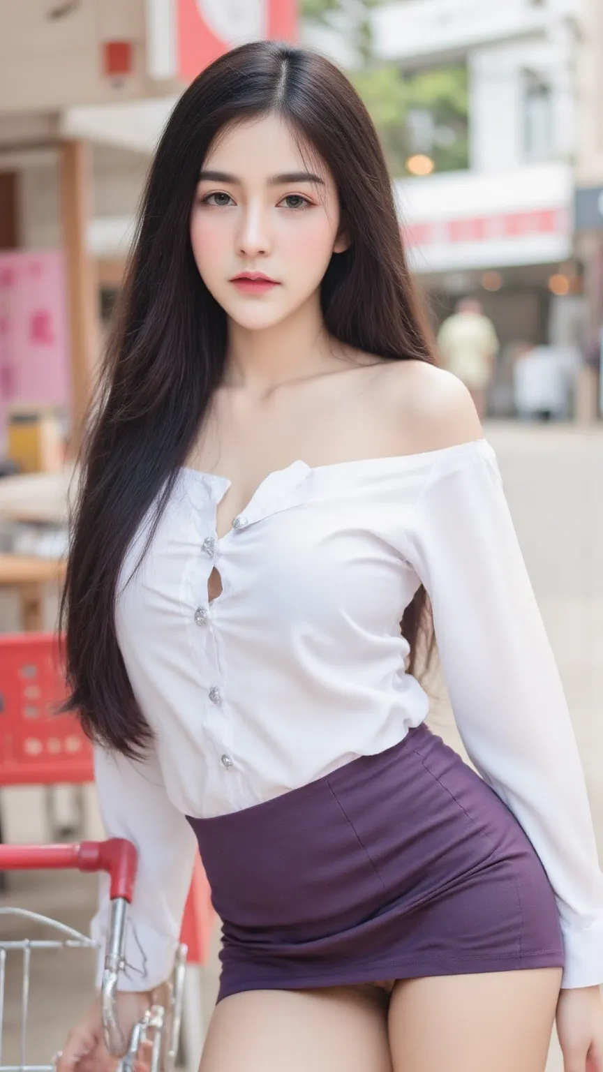 A captivating portrait of a young thai woman with long, flowing black hair, styled in a chic off-the-shoulder white long-sleeve top and a cinched tight black mini skirt, leaning casually against a red-handled shopping cart. The setting appears to be an out...