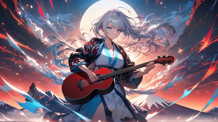 Yuki stands boldly before Mount Fuji, radiating overwhelming energy. Her long silver hair flows wildly in the wind, and her icy-blue eyes glow sharply with intensity. She wears a white and blue kimono layered with a stylish sukajan jacket, blending traditi...