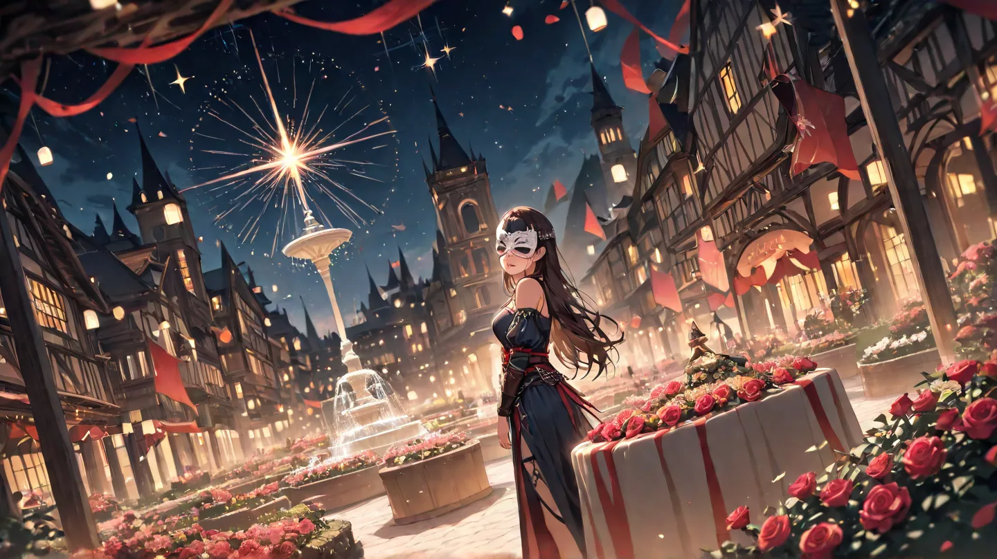  huge _very high resolution, high resolution,  masterpiece, recent, 1 female,  long hair, dark hair, assassin, prom mask , Side view,  light clothing,  blurry , Festive atmosphere, Well-integrated, Roses falling from the sky, Very large town square, Wide-a...