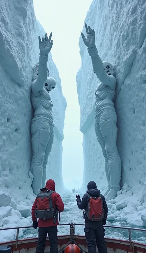 From the deck of an explorer ship, two explorers with chargers thick red patches, dark thermal pants and black backpacks observe with amazement and tension a gigantic wall of ice in the distance. The boat is at a safe distance, floating in the icy waters o...