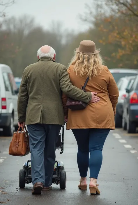 Walking faciing camera Blonde   Bbw voluptuous plus size  chunky plump curvy flat stomach white womanq big boobs thick legs white woman    in her  30s . Very Tight short brown skirt , cork soled wedge heel mules, light brown jacket  and leather handbag .  ...