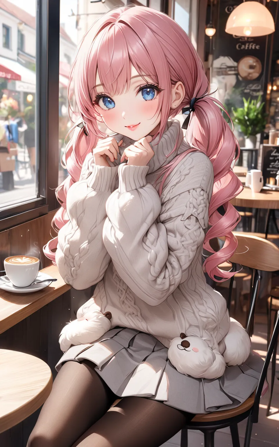 beautiful hands, fluffy sweater, grey short skirt, fluffy sleeves, black pantyhose, cafe,coffee,
very cute and beautiful girl, (Pink hair:1.2), blue eyes, long hair, beautiful lips, smile, pigtails