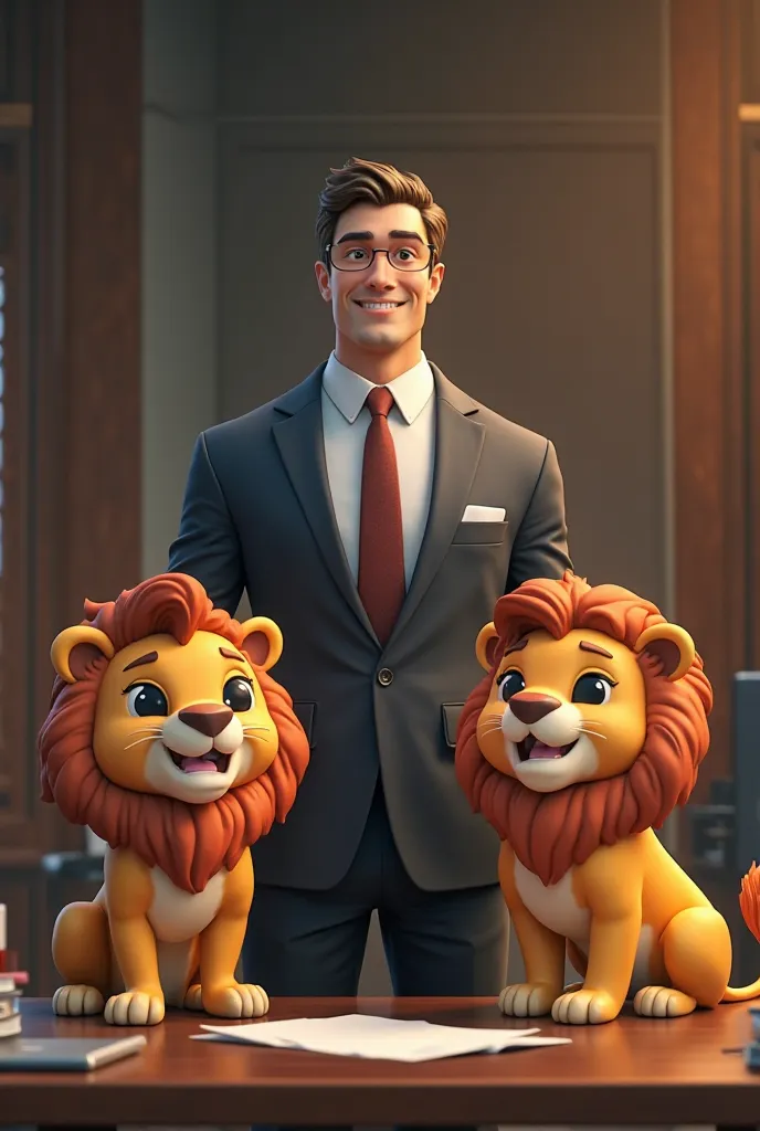 Leon dressed as a business manager serving two funko-type lion clients