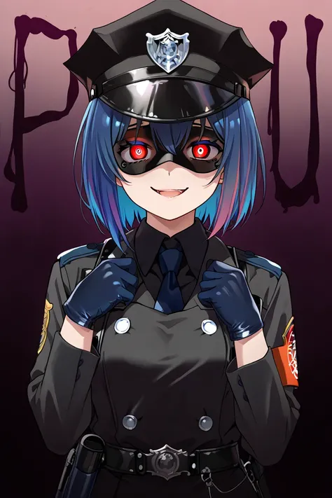  Medium-breasted girl,  blue hair, multicolored hair, detailed eyes, Yandere expression , Yandere,  evil smile, black police uniform, panic mask, blue glove, red-eyed uniform,  short hair