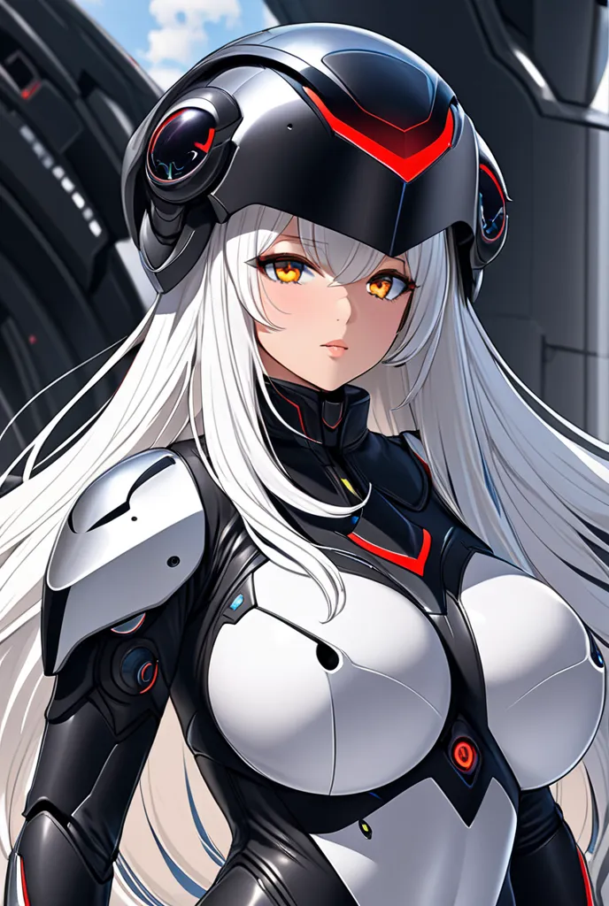 Girl with a big butt and big breasts and long white hair covered by high-tech metal armor that highlights her curves and voluptuous body but completely covers her body with a futuristic raven helmet with a bright visor in the eyes of the helmet 