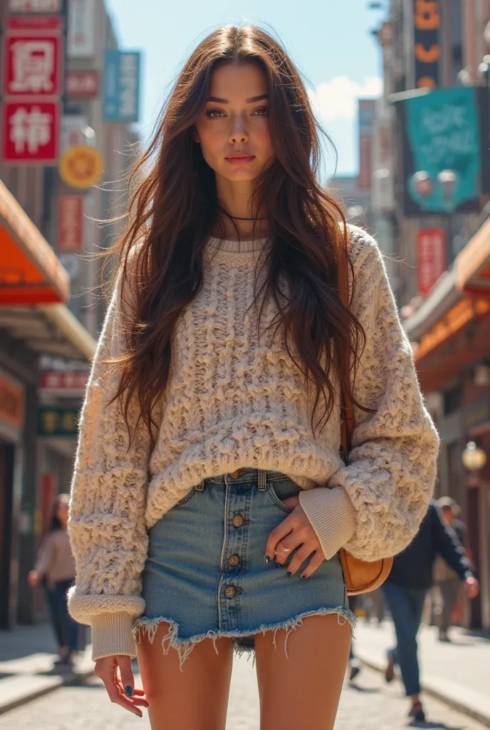 Woman, 21 years old, caucasian, brunette, college student wearing large pullover and hyper short miniskirt, in the street in frontal view 