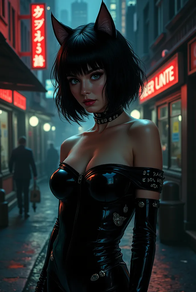 A sleek cat woman with soft, jet-black hair styled in a sharp, angular bob, illustrated in Film Noir style. She stands in a dimly lit urban alley, surrounded by flickering neon signs and shadowy skyscrapers. Her attire is a skin-tight, sleeveless off-shoul...