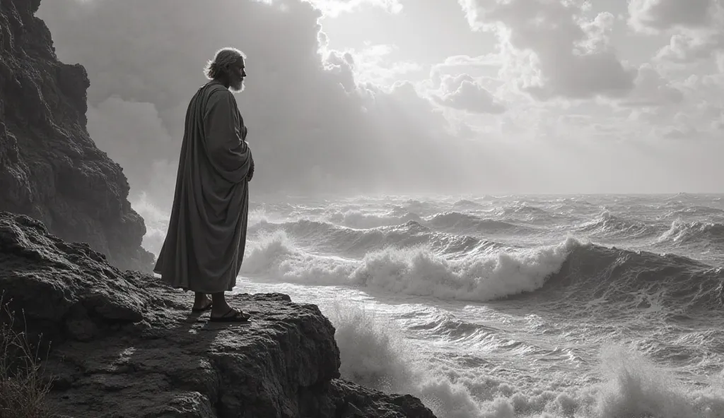 A black-and-white image of a solitary ancient Greek philosopher standing on a rocky cliff, overlooking the sea, contemplating stoic principles in the midst of a heavy thunderstorm.