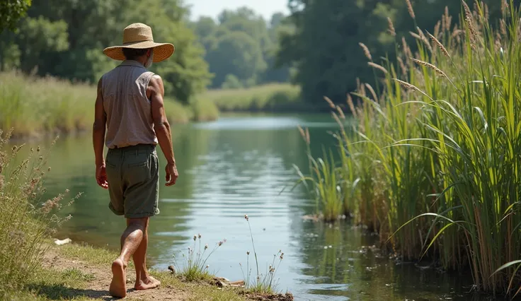  summer, day, , a small lake overgrown with reeds, an old man in a straw hat walks away from the shore.    fantastic realism , very realistic,  very accurate photo  . Muscular characters,  very very realistic, looks realistic