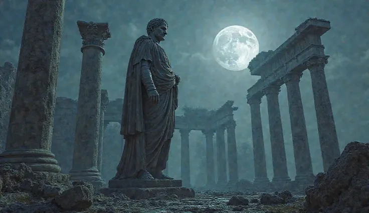 A large, weathered statue of Marcus Aurelius towering over a desolate, moonlit Greek ruin, the winds of time eroding the once grand architecture.