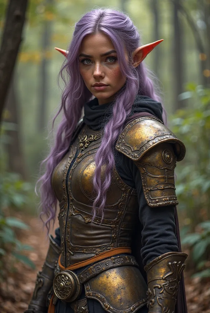 Upper body shot, North African woman, pointy elf ears, caramel skin, light purple hair, closed mouth, antique bronze armor, combat pose, dynamic pose, complex fantasy character, NSFW, cinematic lighting, fantasy, magic, detailed background, on a wooded bat...