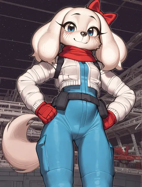 ((Fay Spaniel)), ((Starfox)), ((pixelsketcher)), ((wamudraws)), ((masterpiece)), ((high resolution)), ((solo portrait)) {(attractive figure), (beautiful legs), (white fur), (black dnose), (floppy dog ears), (cute blue eyes), (long eyelashes), (cute smile)}...
