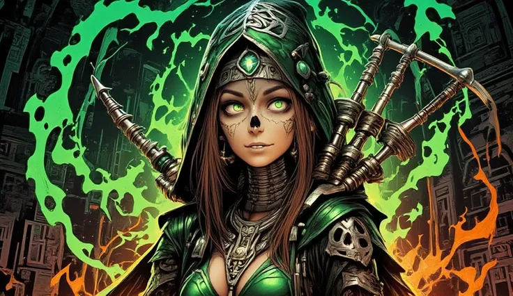  Anime illustration , a FEMALE wizard SKULL OF A SKULL,  bright green eyes, wizard hat, Green hood,  Celtic elements,  high details, full body, masterpiece Wallpaper, realistic cartoon details,  realistic painting , high contrast colors, playing bagpipes, ...