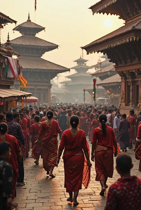 : A Newar Festival Celebration in the Heart of Kathmandu

Setting: The bustling Durbar Square in Kathmandu, surrounded by intricate pagoda-style temples and towering wooden structures. The square is filled with the sounds of traditional Newar music, such a...