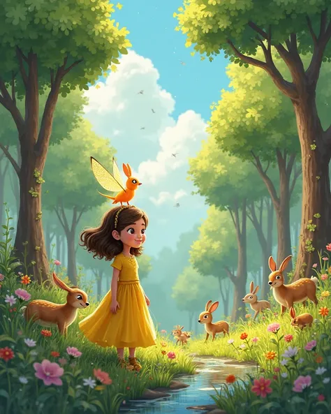 A bright, green forest filled with tall trees, colorful flowers, and happy animals. Birds fly in the sky, deer drink from a small stream, and rabbits hop through the grass. Lily (wearing a yellow dress girl) stands with a big smile, while Sylva (A tiny, gl...